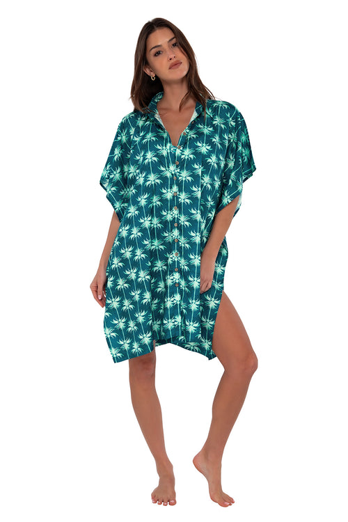 Front pose #1 of Gigi wearing Sunsets Palm Beach Shore Thing Tunic