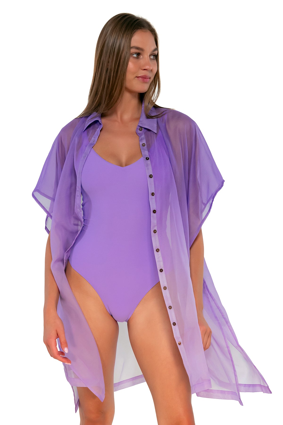 Front view of Sunsets Passion Flower Shore Thing Tunic worn as an open shirt