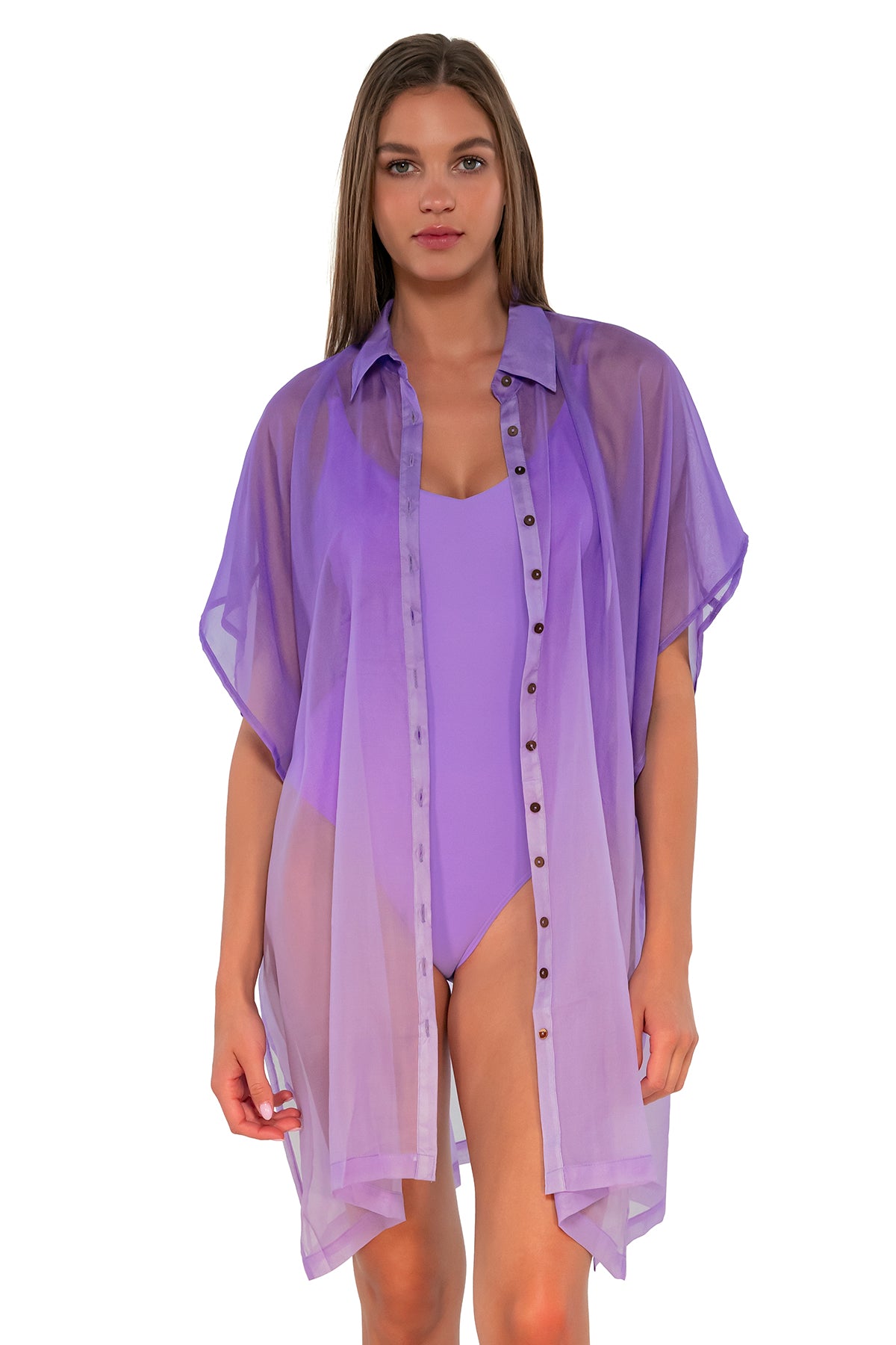 Front view of Sunsets Passion Flower Shore Thing Tunic worn as an open shirt