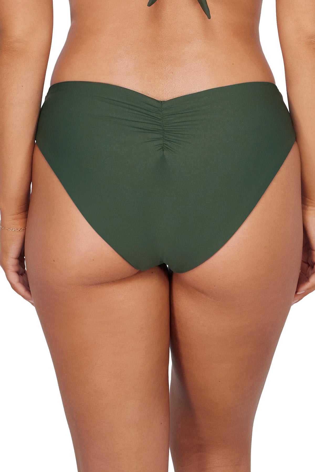 Back pose #2 of Taylor wearing Sunsets Island Green Alana Reversible Hipster Bottom