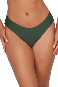 Front pose #2 of Taylor wearing Sunsets Island Green Alana Reversible Hipster Bottom