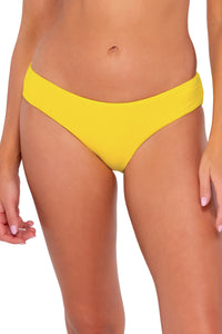 Front pose #1 of Daria wearing Sunsets Lemon Zest Sandbar Rib Alana Reversible Hipster Bottom