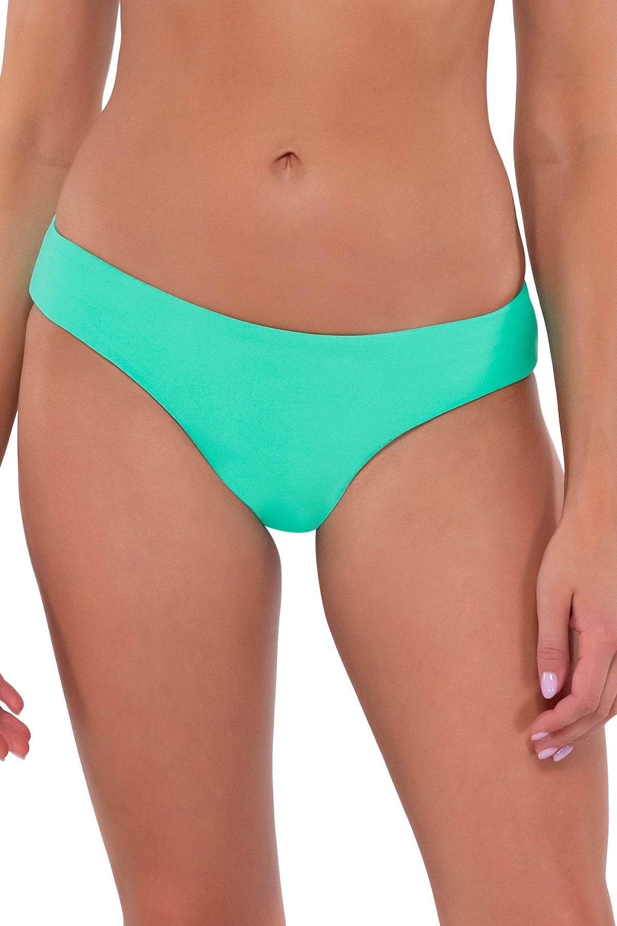 Front pose #1 of Daria wearing Sunsets Mint Alana Reversible Hipster Bottom