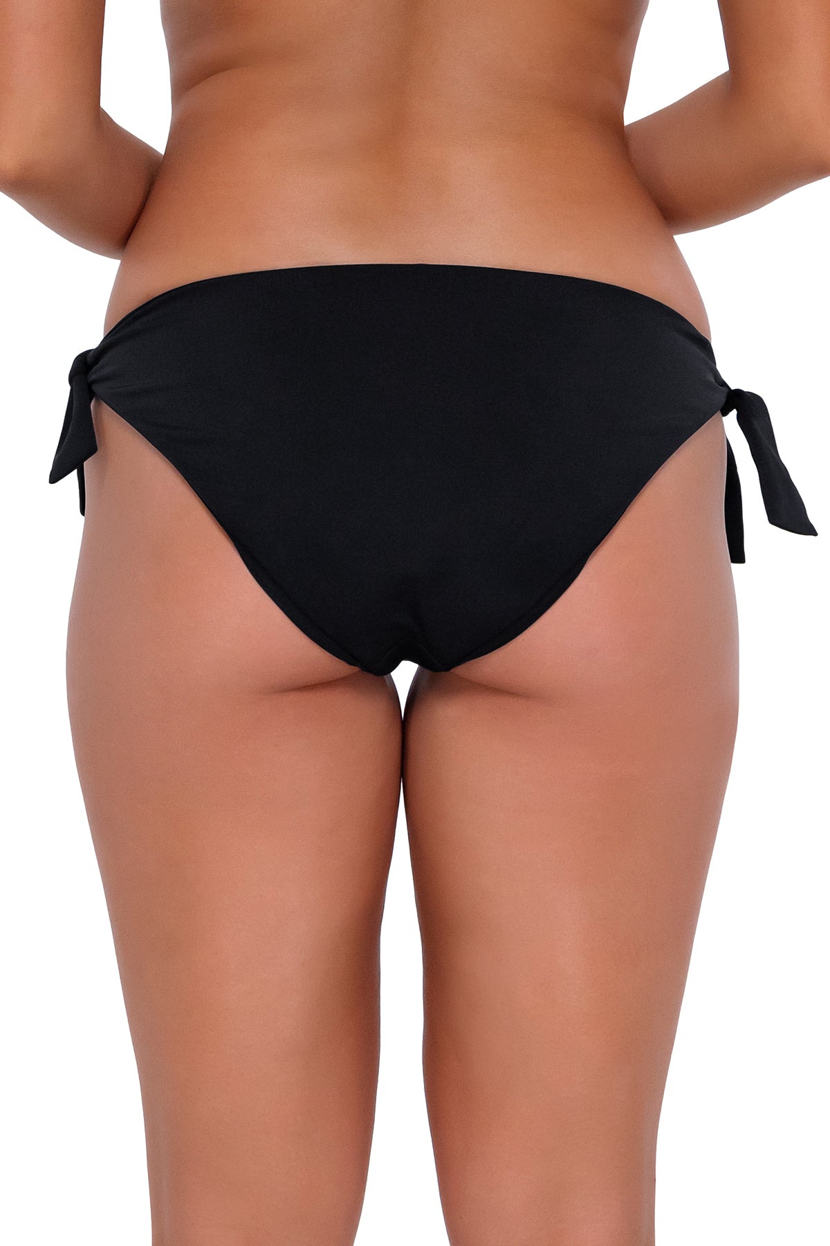Back pose #1 of Taylor wearing Sunsets Black Lula Reversible Hipster Bottom with side ties