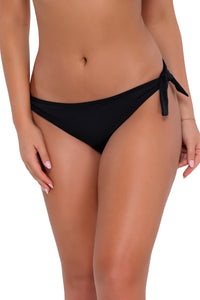Front Front pose #2 of Taylor wearing Sunsets Black Lula Reversible Hipster Bottom with side ties