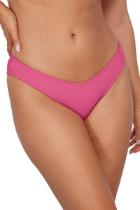 Front pose #2 of Taylor wearing Pacifica Dragon Fruit Sandy Scoop Bottom