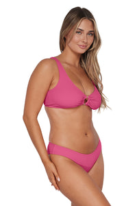 Quarter pose #1 of Taylor wearing Pacifica Dragon Fruit Sandy Scoop Bottom paired with matching