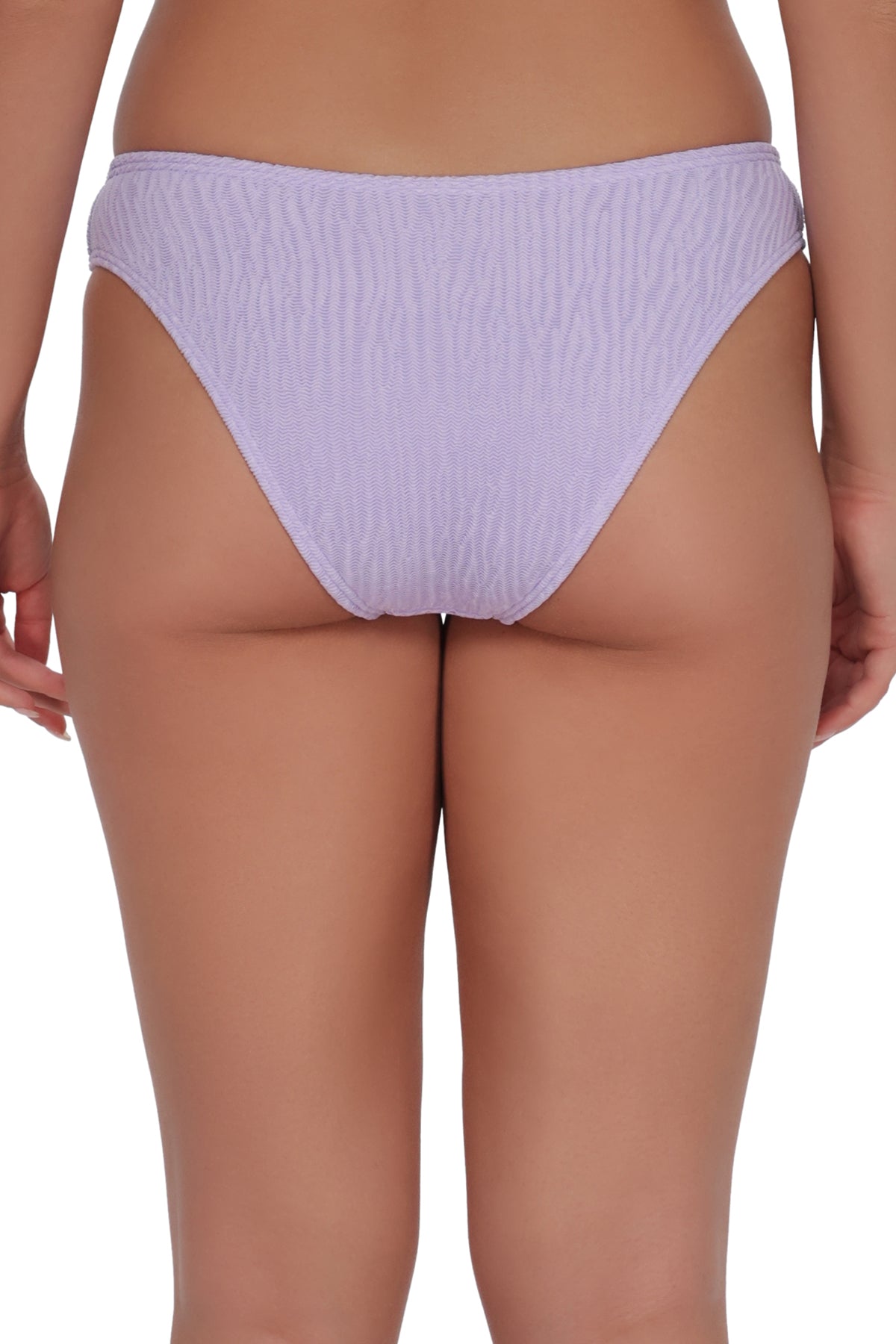 Back pose #1 of Taylor wearing Pacifica by Sunsets Lilac Scrunch Sandy Scoop Bottom