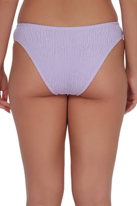 Back pose #1 of Taylor wearing Pacifica by Sunsets Lilac Scrunch Sandy Scoop Bottom
