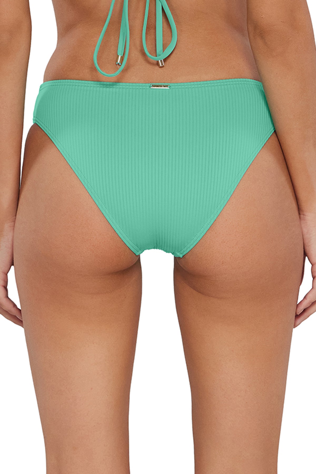 Back pose #1 of Jessica wearing Sunsets Aqua Mist Sandbar Rib Collins Hipster Bottom