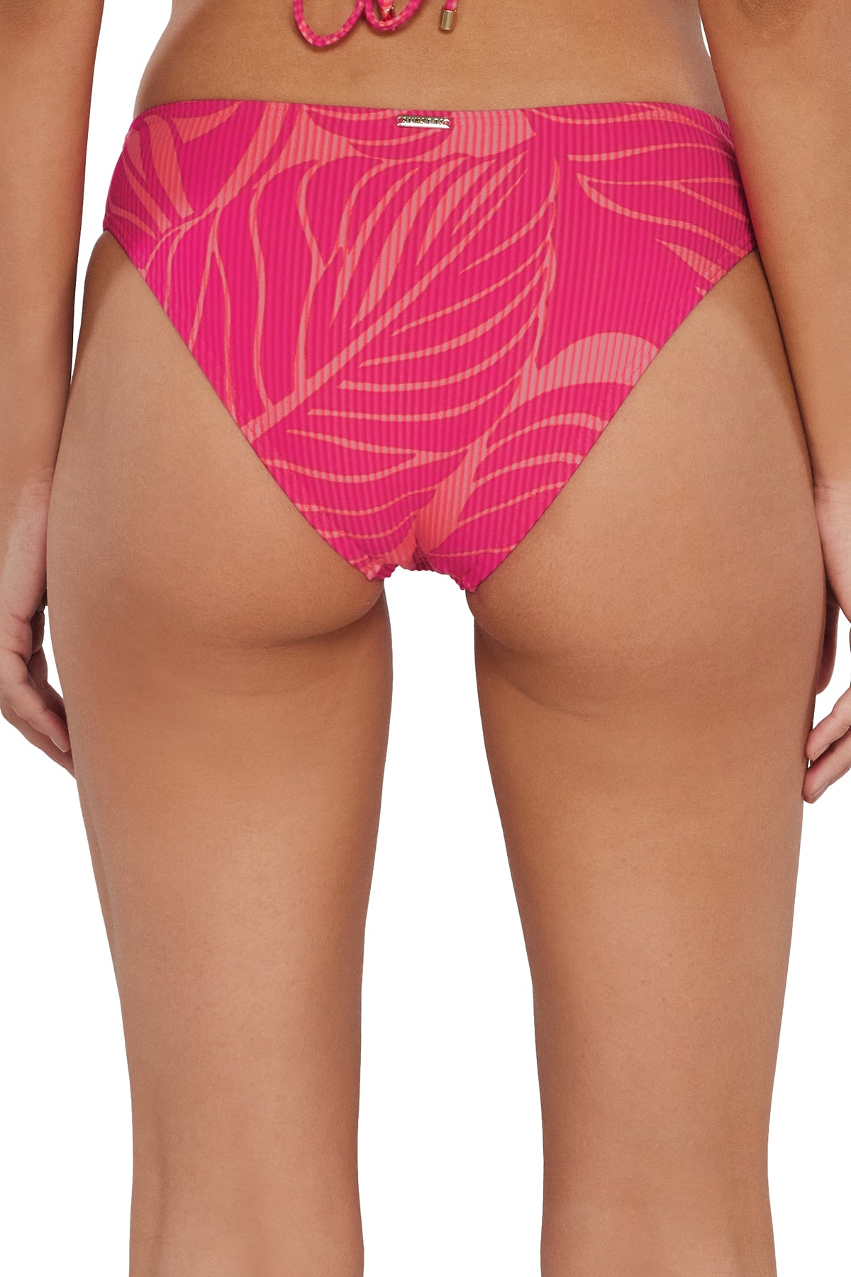 Back pose #1 of Jessica wearing Sunsets Blushing Palms Sandbar Rib Collins Hipster Bottom