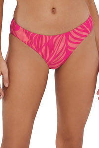 Front pose #2 of Jessica wearing Sunsets Blushing Palms Sandbar Rib Collins Hipster Bottom