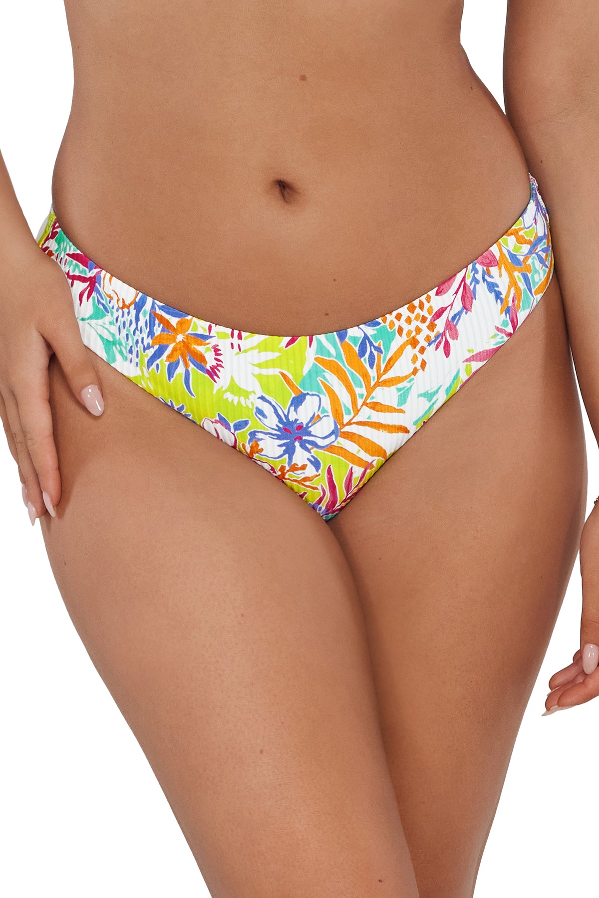 Front pose #2 of Taylor wearing Sunsets Botanical Bliss Sandbar Rib Collins Hipster Bottom