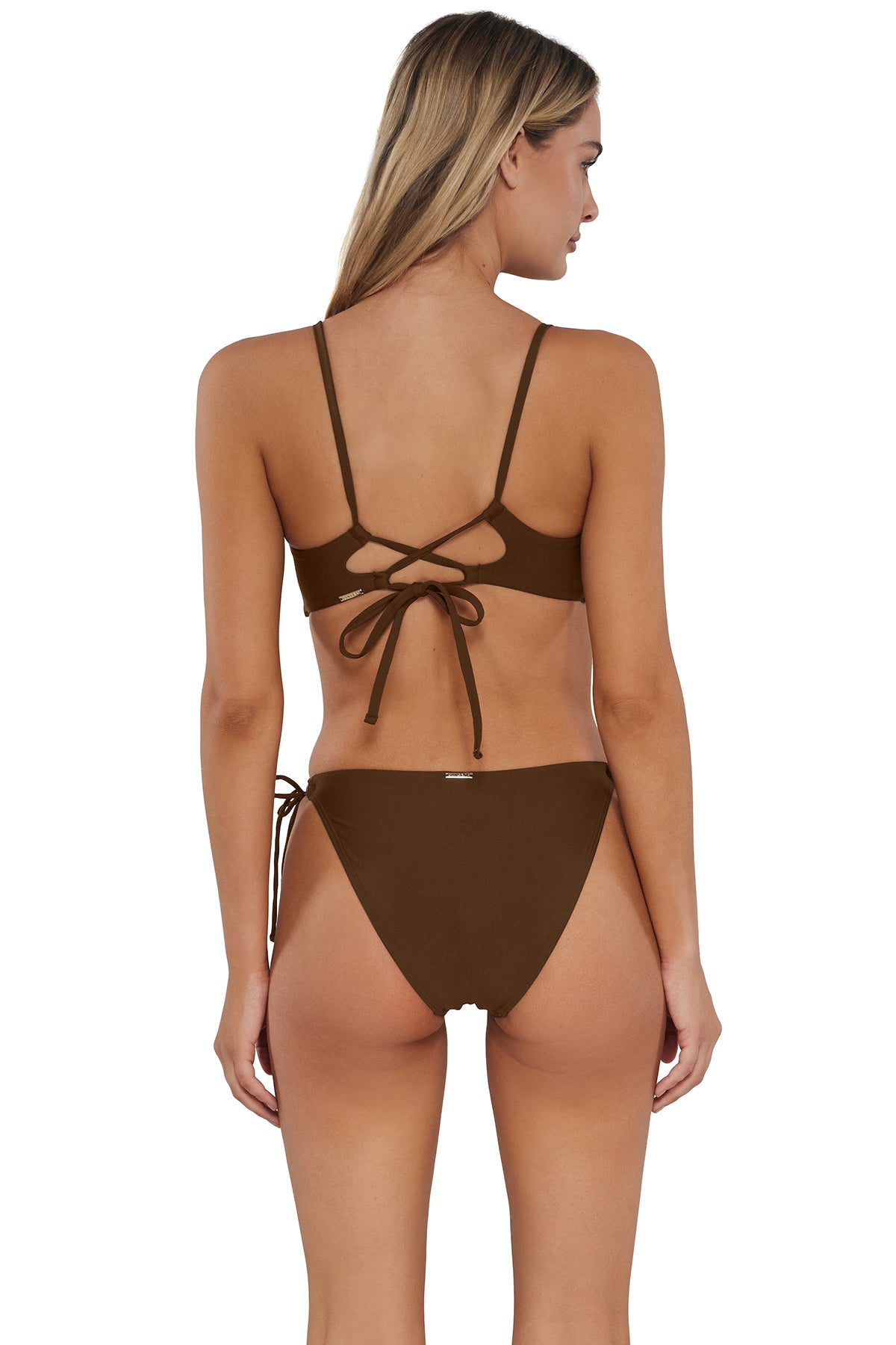 Back pose #1 of Jessica wearing Sunsets Tiki Brown Everlee Tie Side Bottom paired with matching