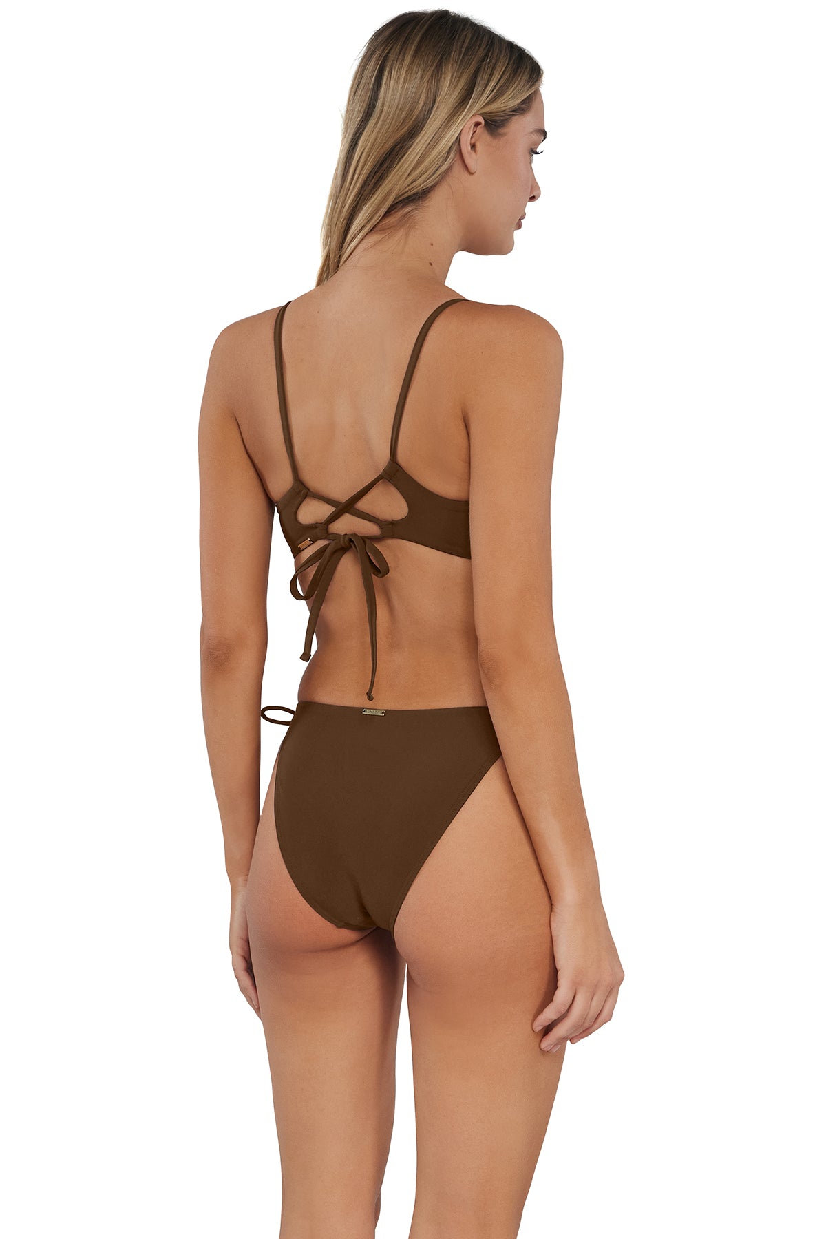 pose #1 of Jessica wearing Sunsets Tiki Brown Everlee Tie Side Bottom