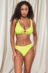 Front pose #2 of Jasmine wearing Pacifica Bright Pear Penny Hipster Bottom paired with matching