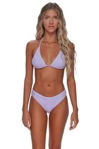 Front pose #1 of Emerson wearing Pacifica by Sunsets Lilac Scrunch Penny Hipster Bottom