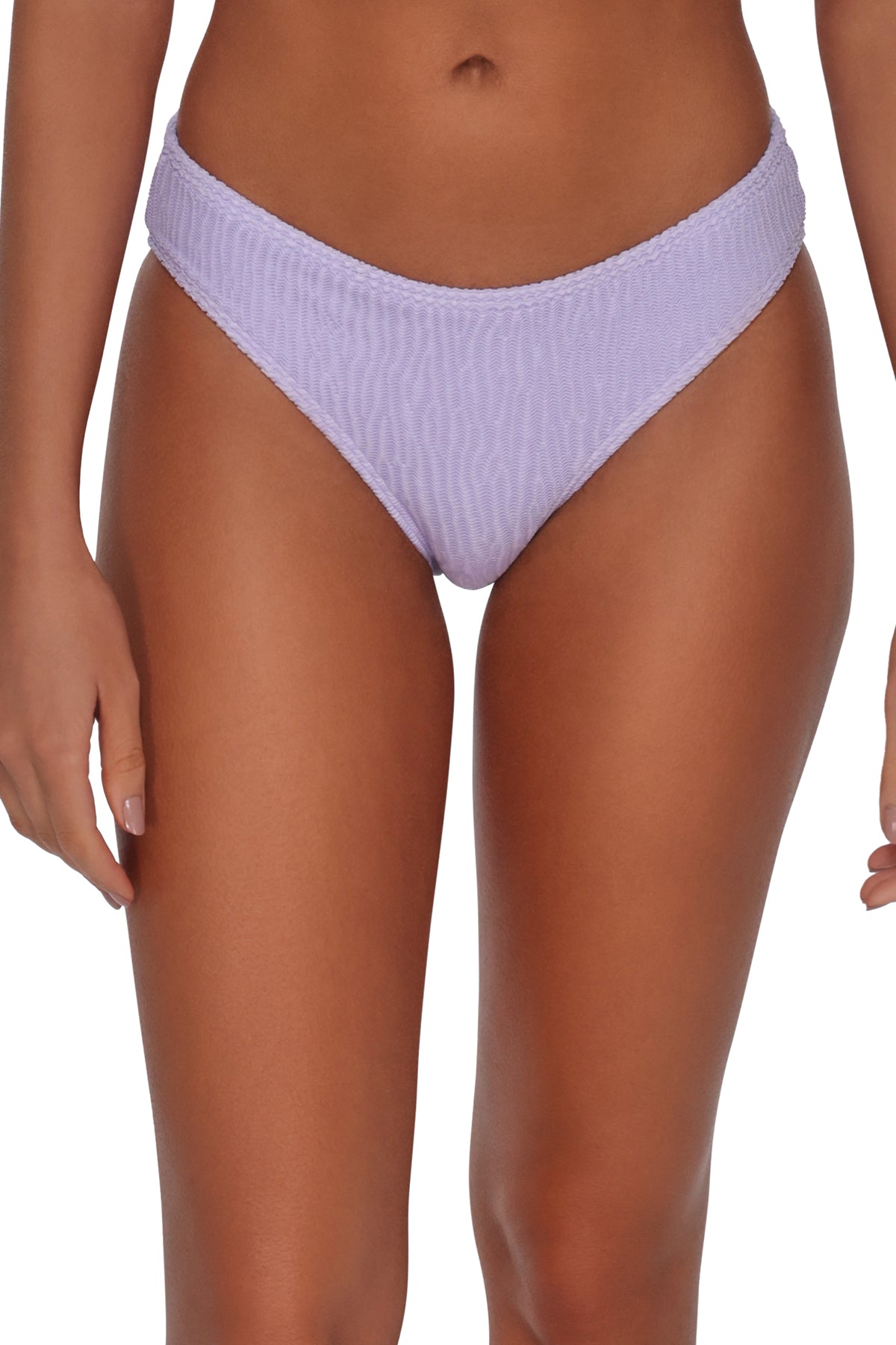 Front pose #1 of Emerson wearing Pacifica by Sunsets Lilac Scrunch Penny Hipster Bottom