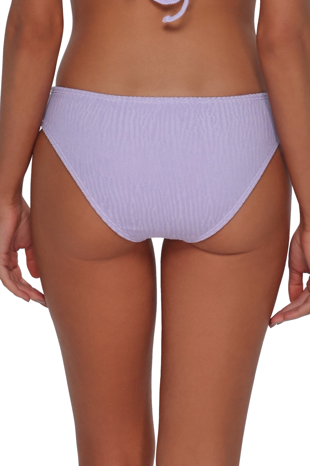 Back pose #1 of Emerson wearing Pacifica by Sunsets Lilac Scrunch Penny Hipster Bottom