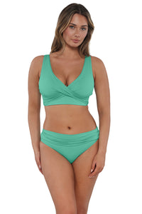 Active pose #1 of Taylor wearing Sunsets Aqua Mist Sandbar Rib Unforgettable Bottom paired with matching