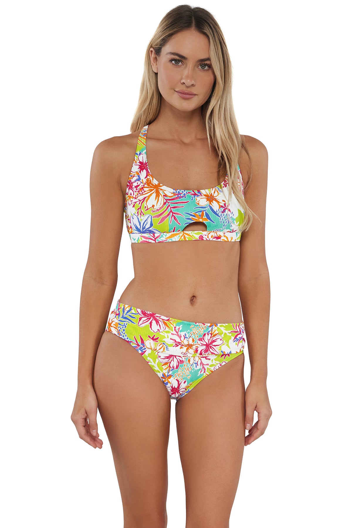 Front pose #1 of Jessica wearing Sunsets Botanical Bliss Sandbar Rib Unforgettable Bottom paired with matching