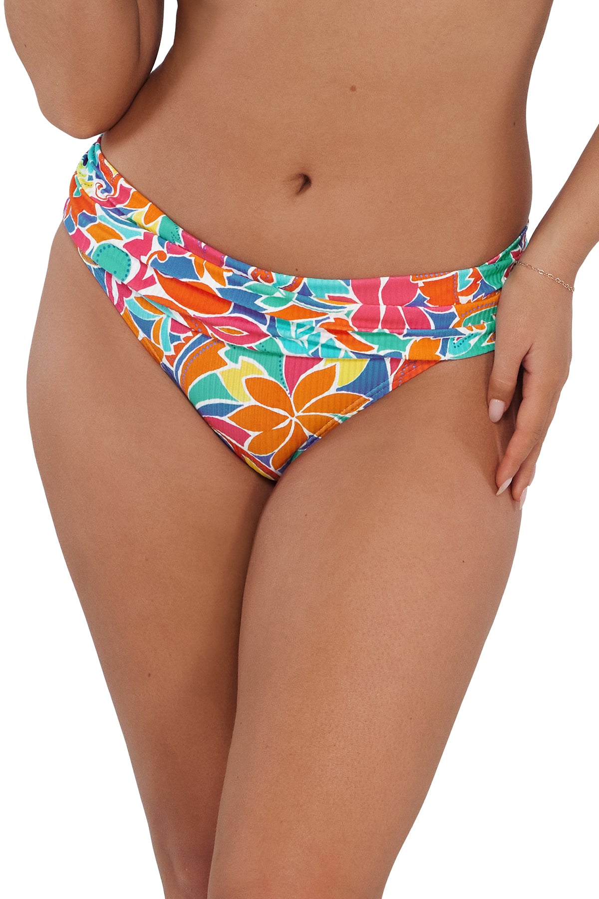 Active pose #2 of Taylor wearing Sunsets Festive Floral Sandbar Rib Unforgettable Bottom