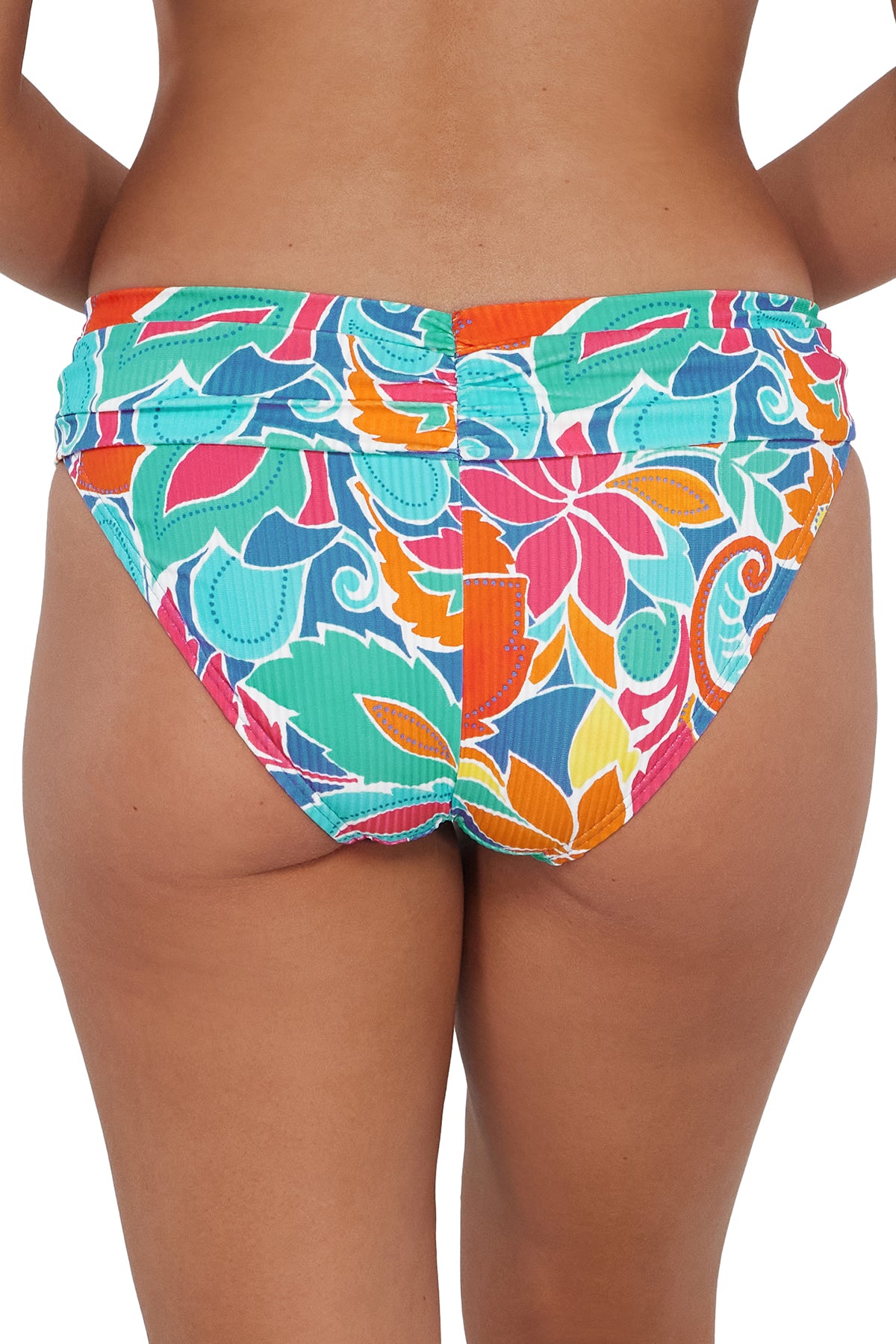 Back pose #1 of Taylor wearing Sunsets Festive Floral Sandbar Rib Unforgettable Bottom