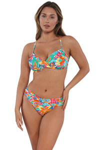 Active pose #1 of Taylor wearing Sunsets Festive Floral Sandbar Rib Unforgettable Bottom paired with matching