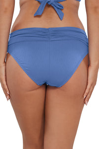 Back pose #1 of Taylor wearing Sunsets Harbor Blue Sandbar Rib Unforgettable Bottom