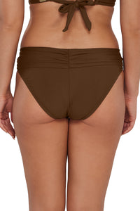 Back pose #1 of Taylor wearing Sunsets Tiki Brown Unforgettable Bottom