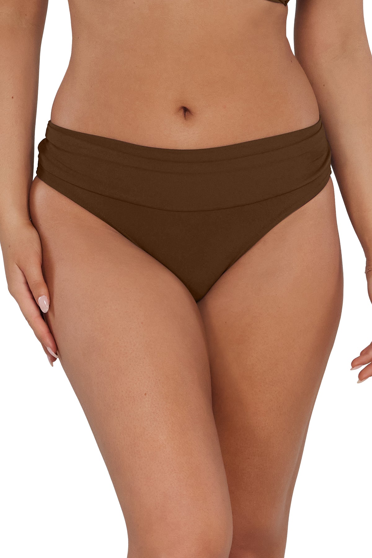 Front pose #1 of Taylor wearing Sunsets Tiki Brown Unforgettable Bottom