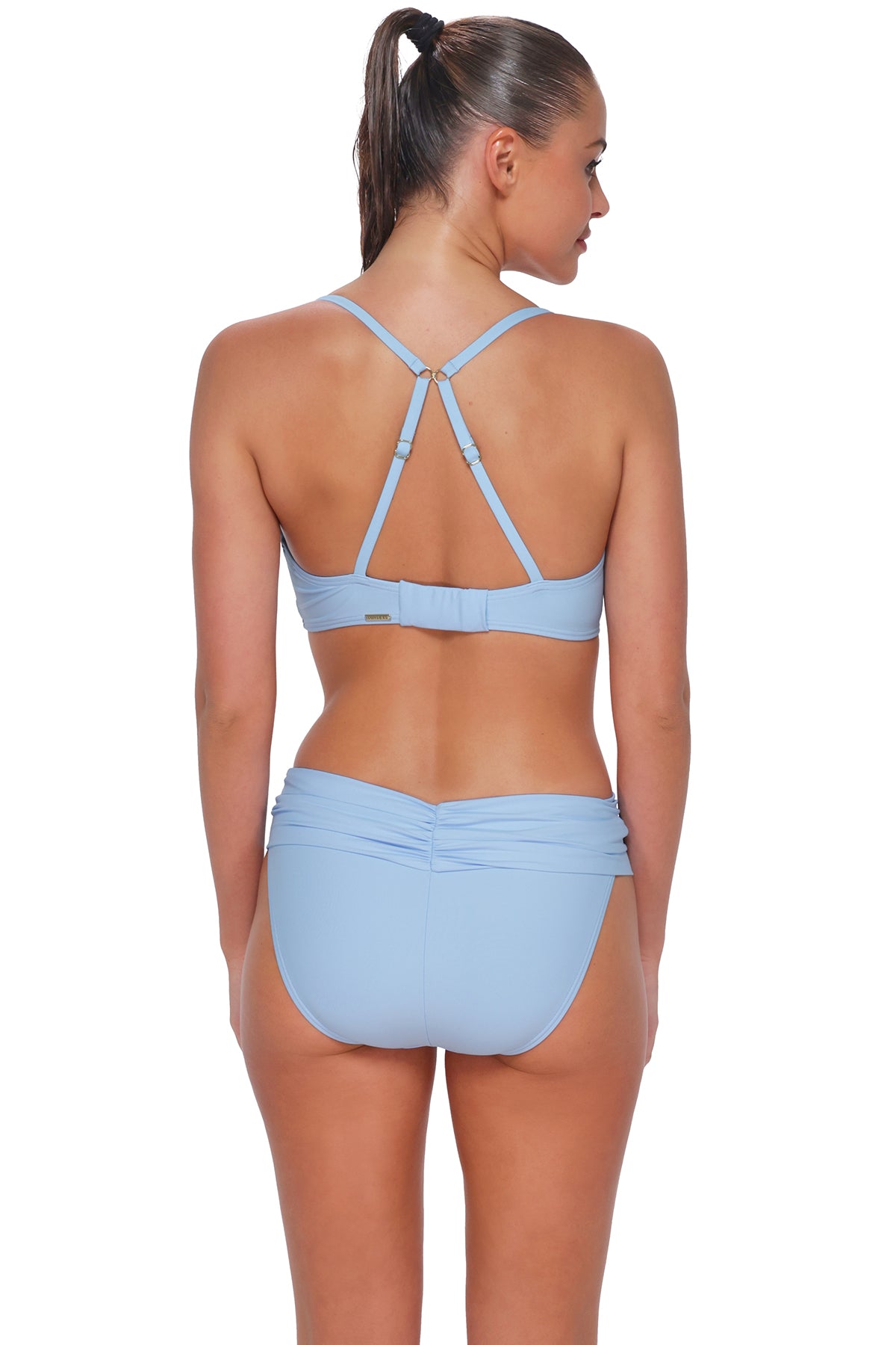 Back pose #1 of Daniella wearing Sunsets Blue Whisper Unforgettable Bottom