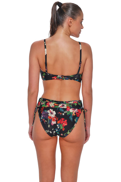 Back pose #1 of Daniella wearing Sunsets Fleur Noire Darci High Waist Bottom
