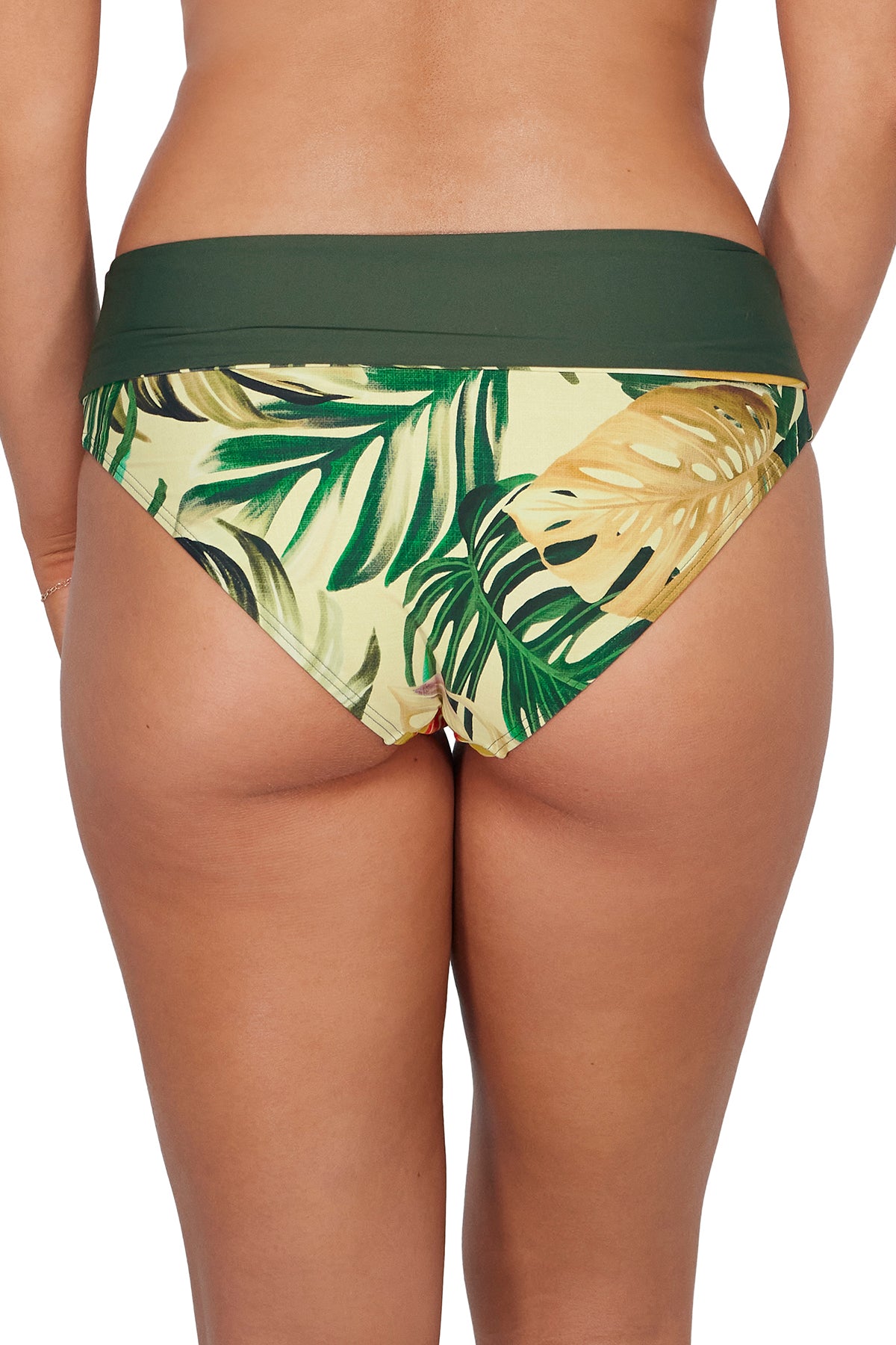 Back pose #1 of Taylor wearing Sunsets Amber Oasis Capri High Waist Bottom showing folded waist