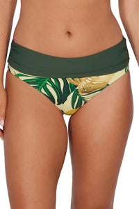 Front pose #3 of Taylor wearing Sunsets Amber Oasis Capri High Waist Bottom showing folded waist