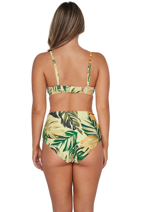 Back pose #1 of Taylor wearing Sunsets Amber Oasis Capri High Waist Bottom paired with matching Kauai Keyhole Top