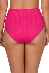 Back pose #1 of Taylor wearing Sunsets Begonia Sandbar Rib Capri High Waist Bottom