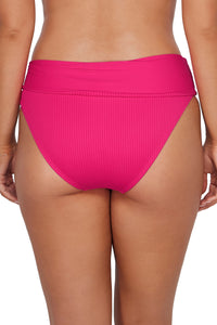 Back pose #1 of Taylor wearing Sunsets Begonia Sandbar Rib Capri High Waist Bottom showing folded waist