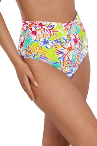 Quarter pose #1 of Taylor wearing Sunsets Botanical Bliss Sandbar Rib Capri High Waist Bottom