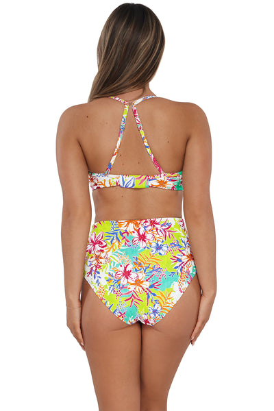 Back pose #1 of Taylor wearing Sunsets Botanical Bliss Sandbar Rib Capri High Waist Bottom paired with matching Bikini Top