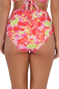 Back pose #1 of Taylor wearing Sunsets Butterfly Beach Capri High Waist Bottom