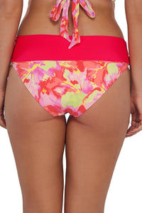 Back pose #1 of Taylor wearing Sunsets Butterfly Beach Capri High Waist Bottom showing folded waist