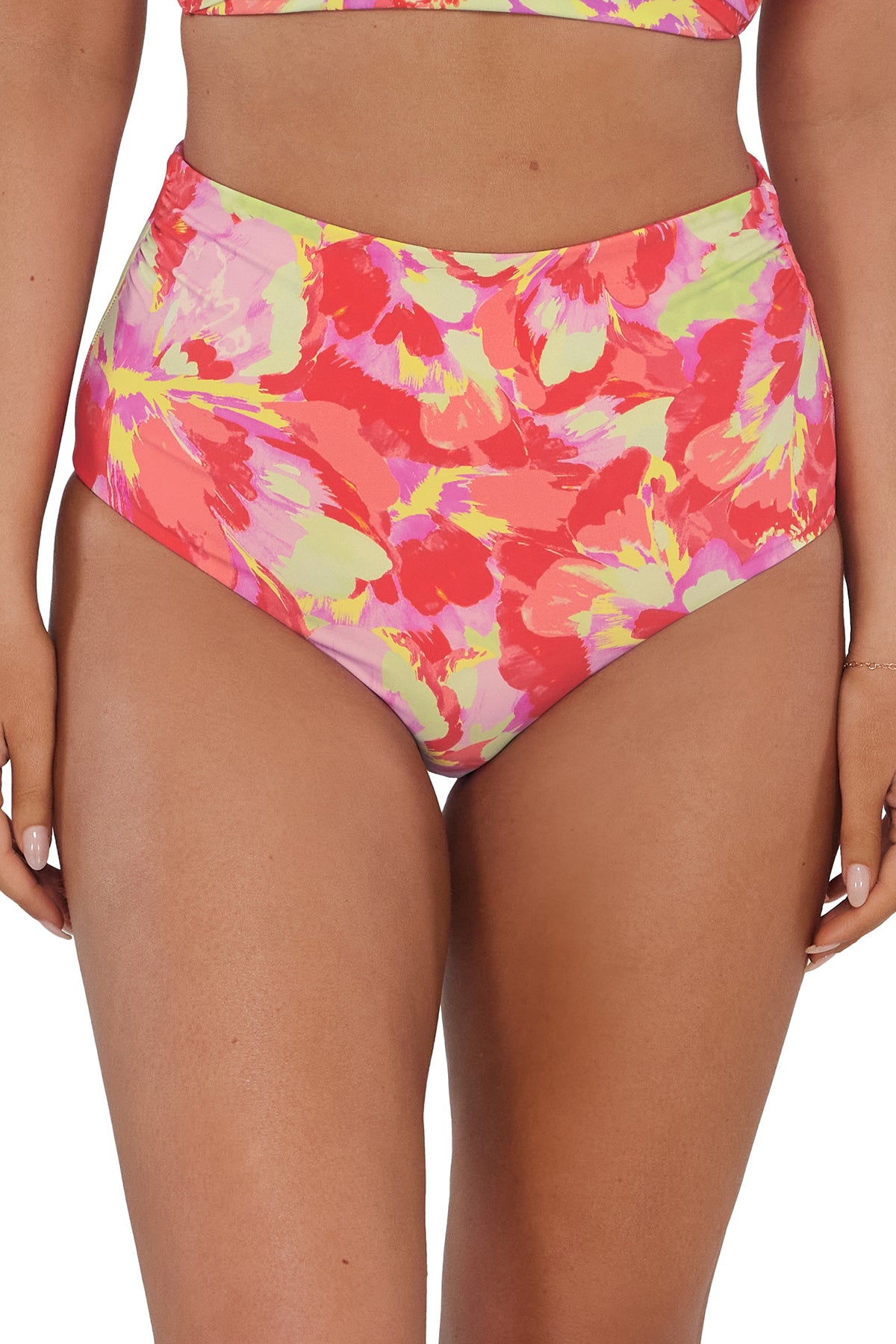 Front pose #1 of Taylor wearing Sunsets Butterfly Beach Capri High Waist Bottom