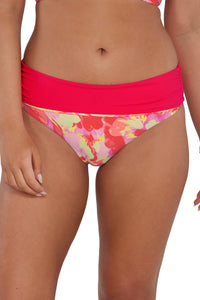 Front pose #1 of Taylor wearing Sunsets Butterfly Beach Capri High Waist Bottom showing folded waist