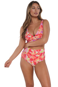 Active pose #1 of Taylor wearing Sunsets Butterfly Beach Capri High Waist Bottom paired with matching Elsie Bikini Top