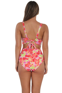 Back pose #1 of Taylor wearing Sunsets Butterfly Beach Capri High Waist Bottom paired with matching