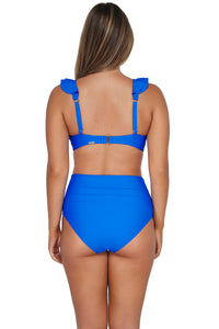 Back pose #1 of Taylor wearing Sunsets Electric Blue Capri High Waist Bottom paired with matching Willa Wireless Bikini Top