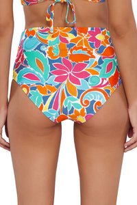 Back pose #1 of Jessica wearing Sunsets Festive Floral Sandbar Rib Capri High Waist Bottom