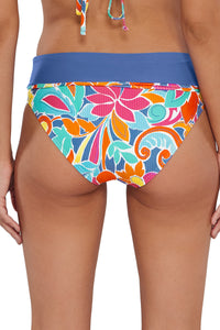 Back pose #1 of Jessica wearing Sunsets Festive Floral Sandbar Rib Capri High Waist Bottom showing folded waist