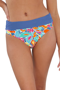 Front pose #1 of Jessica wearing Sunsets Festive Floral Sandbar Rib Capri High Waist Bottom showing folded waist